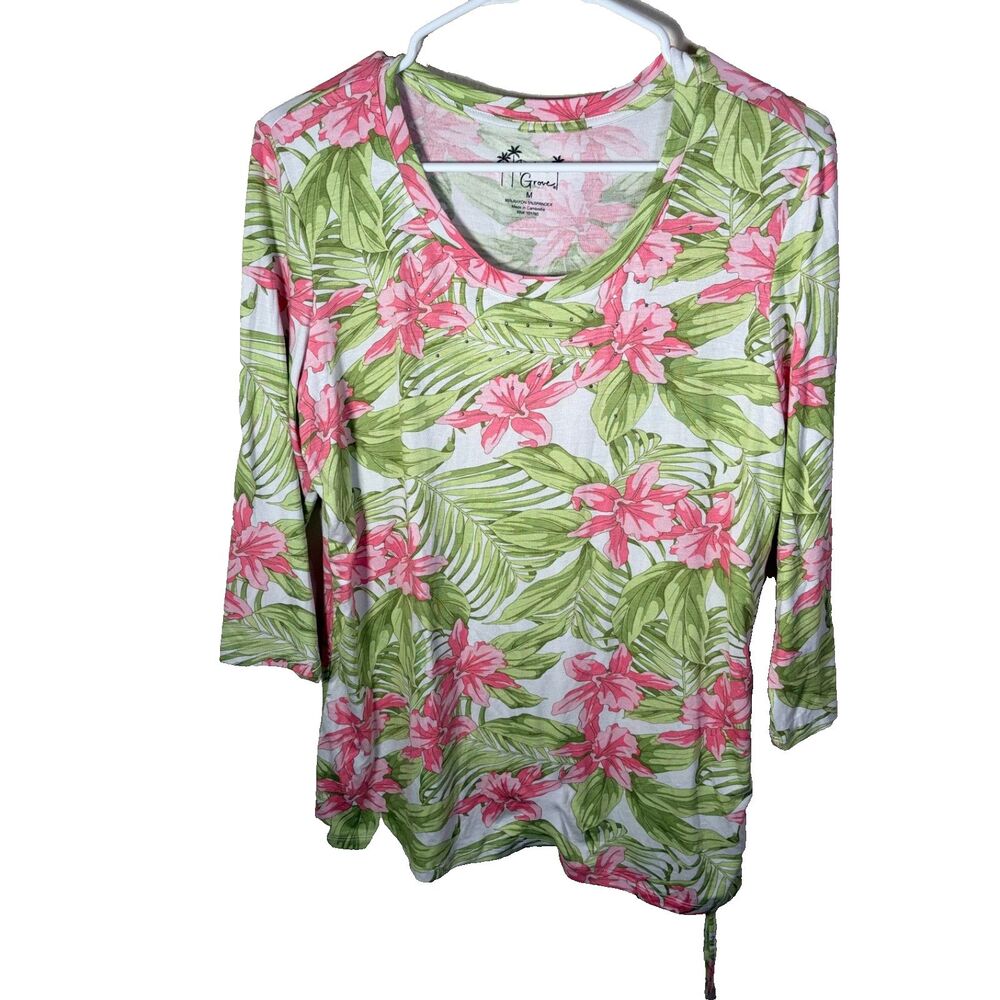 Palm Grove T-Shirt Women's Medium Round Neck Floral 3/4 Sleeve Casual Shirt Top